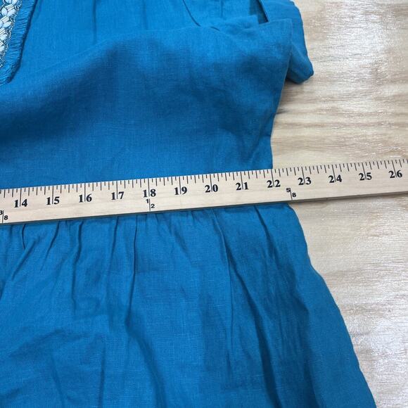 Chico's 100% Linen Embellished Cap Sleeve Dress Tiered Teal Green Midi Size 14 - Picture 11 of 12